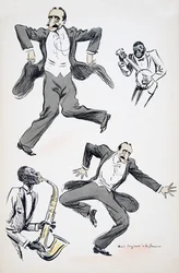 Cavalheiro de laço branco e fraque a dançar enquanto dois músicos tocam saxofone e banjo, de White Bottoms, publicado em 1927